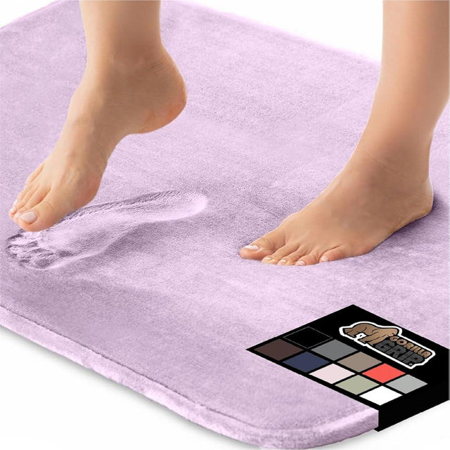 GORILLA GRIP Memory Foam Bath Rugs, Soft Absorbent Velvet Bathroom Mats, Durable Dots on Underside, Machine Washable Bathmat, Carpet Rug Room Decor for Shower Floor, 24x17 Mat, Purple