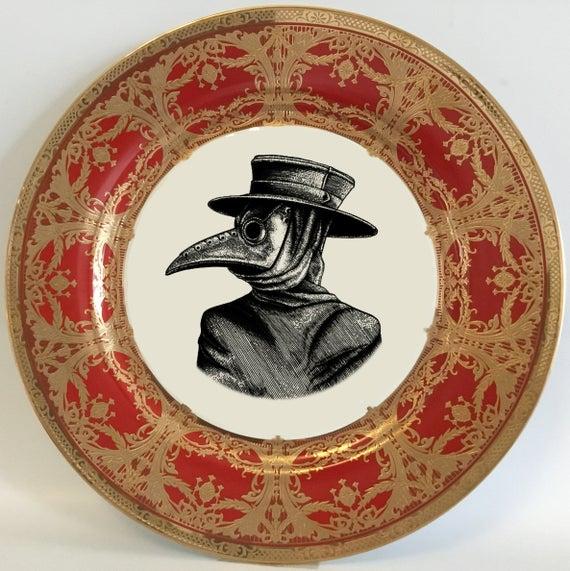 Encrusted Red and Raised Gold Plague Doctor Plate (10.5" or 7.5") or Cup and Saucer Set (8 oz)