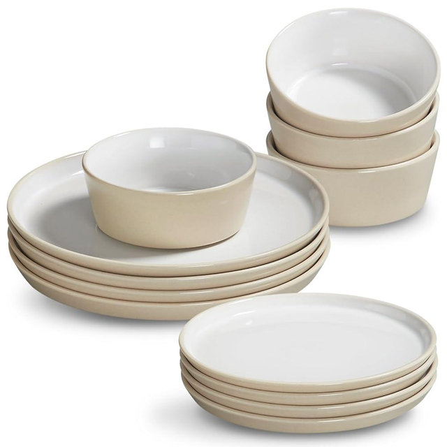 JoDeVi Stoneware Dinnerware Set for 4(12Pcs) – Microwave & Dishwasher Safe Plates and Bowls with Reactive Glaze – Rustic Farmhouse Modern Design for Everyday Dining, Wedding & Outdoor - Light Beige