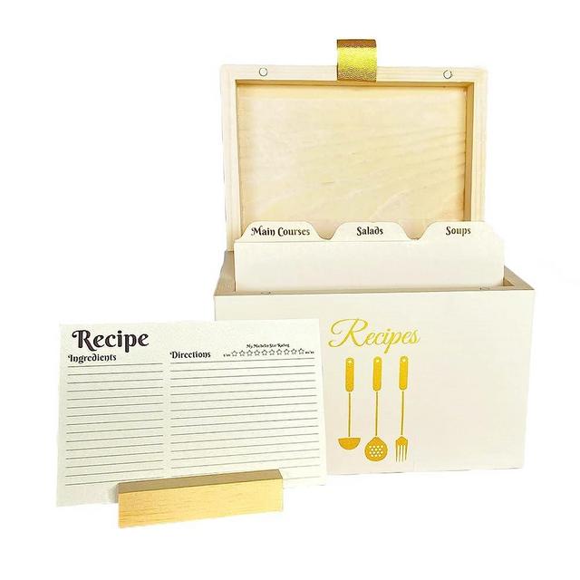 Organize Your Recipes with this Handmade Wooden Recipe Box - Wonderful for the Home Cook, elegant ivory pinewood Recipe Box with Cards and Dividers, stylish Recipe Card Box Set with gold design