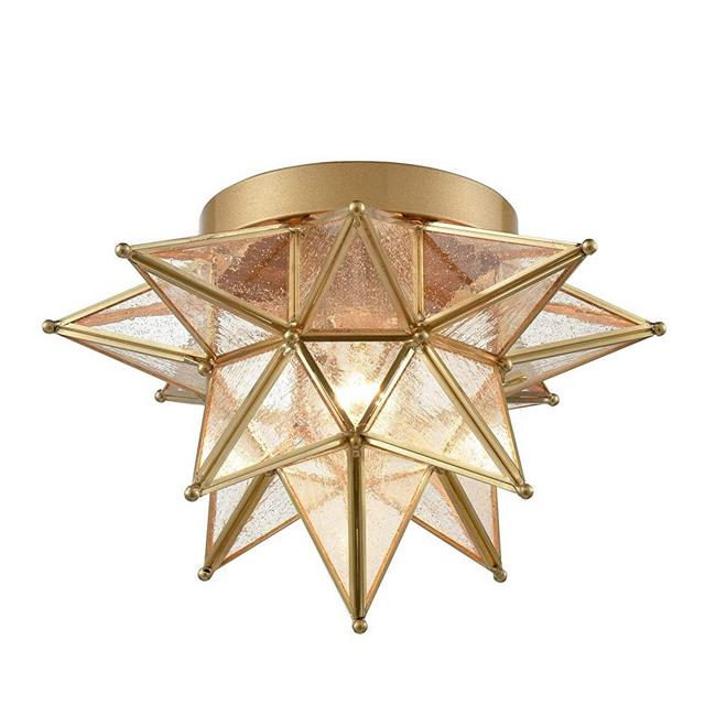 Dazhuan Brass Moravian Star Light Flush Mount Celing Lights Seeded Glass Shade Boho Moroccan Ceiling Lamp for Kitchen Foyer