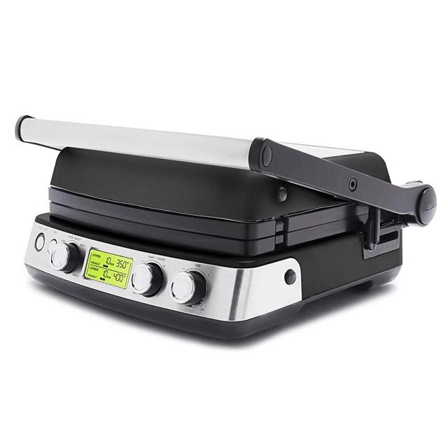 GreenPan Elite 7-in-1 Multi-Function Contact Grill & Griddle, Healthy Ceramic Nonstick Aluminum, Two Sets of Grill & Waffle Plates, Adjustable Shade & Shear, Closed Press/Open Flat Surface, Black