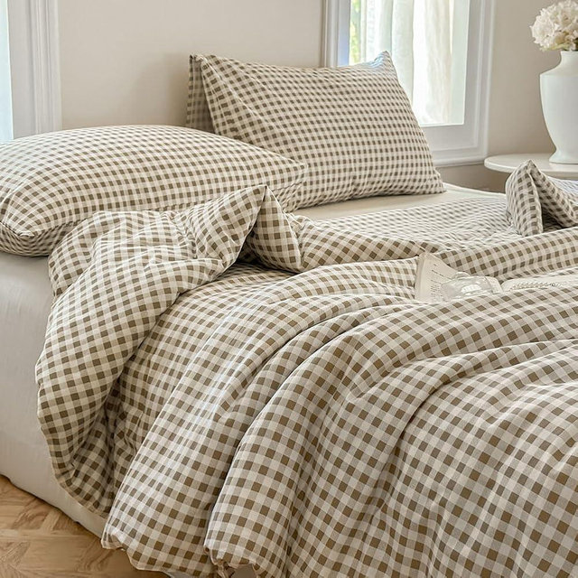 NSNLGSGC Tan Gingham Cotton Comforter Set King, 100% Washed Cotton Taupe Plaid Checked Comforter Bedding, 3 Pieces Vintage Farmhouse Grid Bedding Set(Tan Gingham, King)