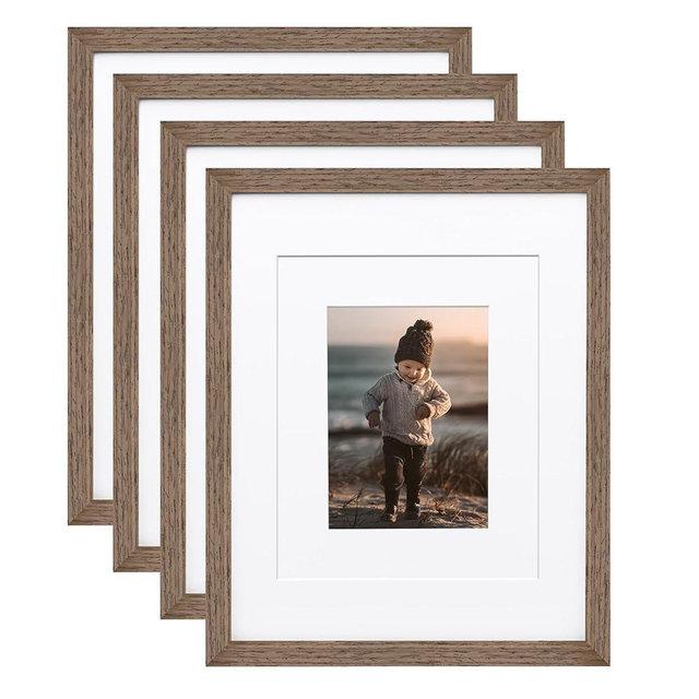 KINLINK 11x14 Picture Frames Rustic brown, Wood Frames with Acrylic Plexiglass for Pictures 5x7/8x10 with Mat or 11x14 without Mat, Tabletop and Wall Mounting Display, Set of 4