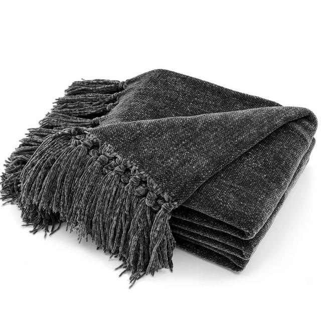 EVERGRACE Soft Chenille Throw Blanket for Couch, Cozy Plush Fuzzy Decorative Chenille Knit Throw Blanket with Tassels, Lightweight Blanket and Throws for Bed Sofa Gift Home Decor, Iron Black 50"x60"