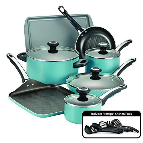 Farberware 21926 High Performance Nonstick Cookware Pots and Pans Set Dishwasher Safe, 17 Piece, Aqua