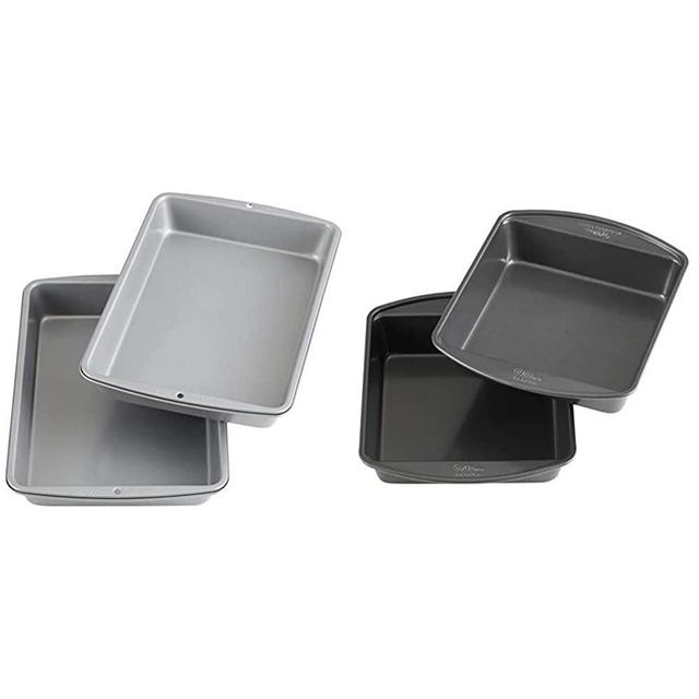 Wilton Recipe Right Non-Stick 9 x 13-Inch Oblong 2 Cake Pan Multipack, 2-Pack, Assorted & Perfect Results Premium Non-Stick 8-Inch Square Cake Pans, Set of 2