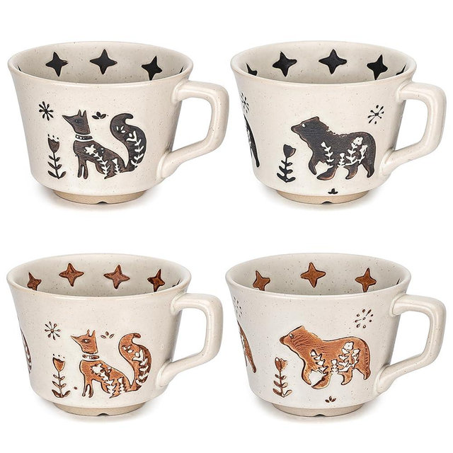 LINVIA Ceramic Coffee Mug, 12 oz Novelty Unique Teacup with Handle, Stoneware Cup for Tea Mocha Latte Cappuccino Espresso (Set of 4, Fox and Bear)