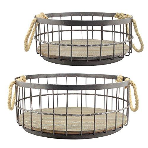 Stonebriar 2pc Round Stackable Metal Wire and Wood Basket Set with Rope Handles, Rustic Decor for Home Storage, Decorative Serving Baskets for Weddings, Birthdays, and Holiday Parties
