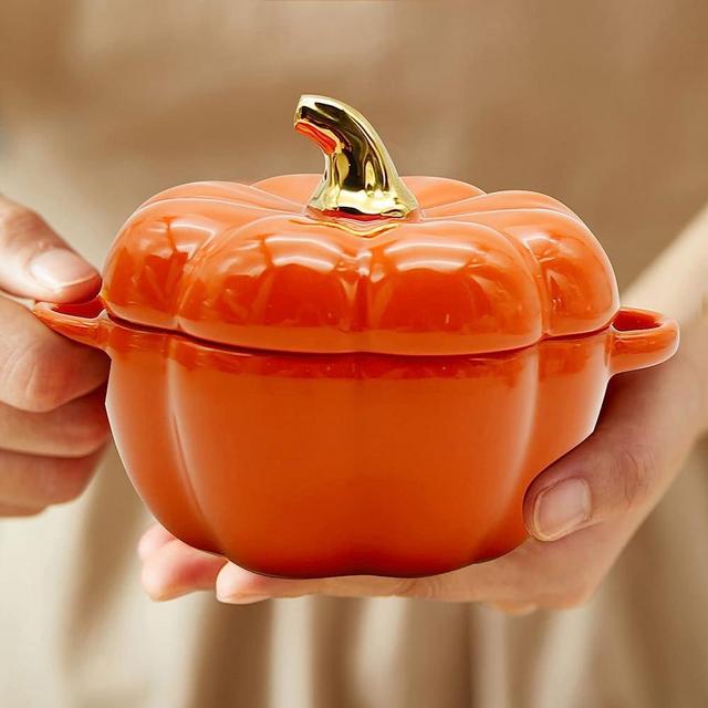 LIDSCURA Orange Ceramic Pumpkin Soup Bowl with Lid, Pumpkin Soup Bnowl,Ceramic Stew Pot Pumpkin Shape Storage Jar,Ceramic Pumpkin Dessert Bowl for Fashion Creative Tableware