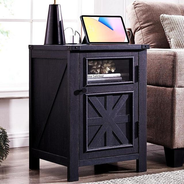 Farmhouse Nightstand with Charging Station - Modern Bed Side Table with 3-Tier Storage, Adjustable Feet - Rustic End Table for Bedroom, Living Room - Wooden Sofa Table - Black - Pack of 1