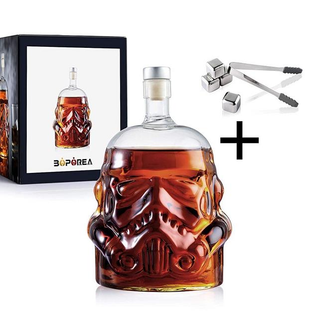BOPOREA Transparent Creative Whiskey Flask Carafe Decanter with 4 Stainless Steel Ice Cubes and Ice Tong,Stormtrooper Bottle,Whiskey Carafe,for Wine,Brandy,Scotch,Bourbon,Vodka,Liquor-750ml