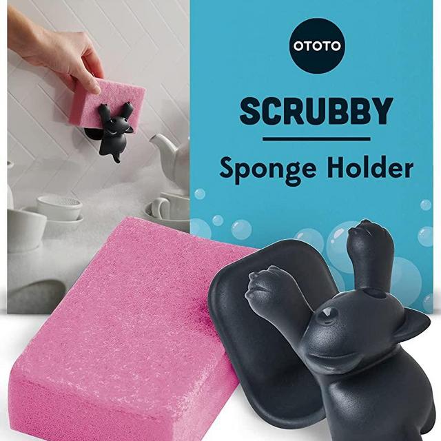 OTOTO Scrubby Sponge Holder for Kitchen Sink - Gray Cat Kitchen Sponge Holder - Dishwasher Safe Dish Sponge Organizer- Rust-free - 3.9x3.1x3.9 inches