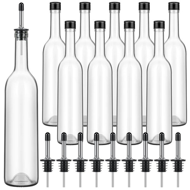 Maxdot 10 Pcs Long Neck Glass Bottles with Pourer Bordeaux Wine Bottle Clear Empty Wine Syrup Juice for Home Bar Liquor Juice Making Wedding Anniversary Party(Stainless)