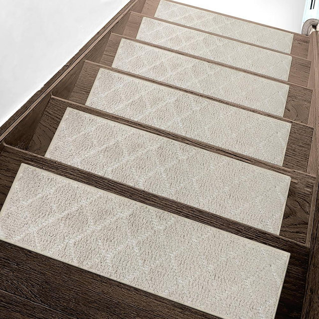 Non Slip Microfiber Stair Treads for Wooden Steps, 15PCS 8"x30" Indoor Safety Carpet, 3D Cut & Loop Tufted Edging Mats with TPE Adhesive Backing, Pet & Elderly Friendly Stair Rugs (Beige/White)