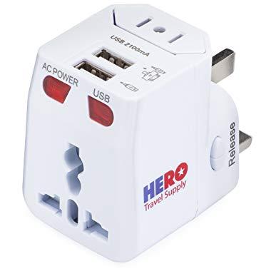 Universal Travel Adapter (2 USB Ports) - Power Plug for US Europe France UK Ireland Thailand China NZ Australia 100+ Countries - Individually Tested in The USA by Hero Travel Supply - White
