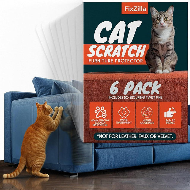 FixZilla Anti Cat Scratch Furniture Protector, 6-Pack Couch Protector from Cat Claws – Heavy-Duty, Easy-to-Apply Scratching Deterrent and Shield for Sofa Corners, Walls, and Doors- with 52 Twist Pins