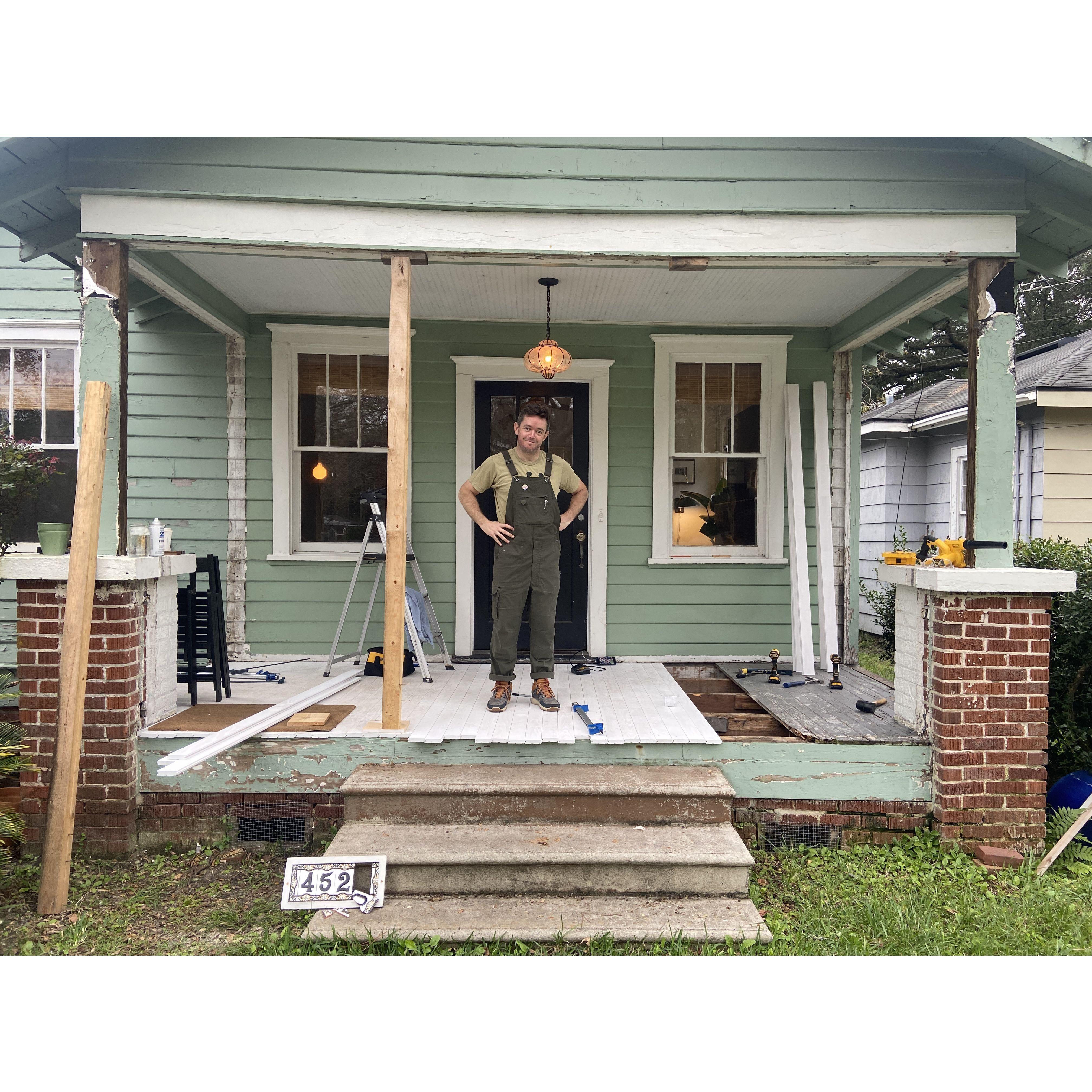 Ev hard at work on the porch