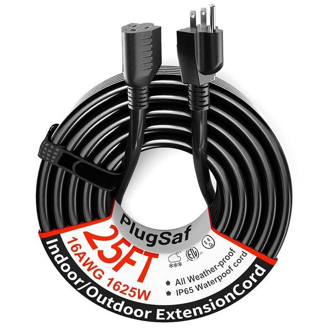 PlugSaf Black Outdoor Extension Cord 25 ft 16/3 Gauge Waterproof, Cold Weatherproof -58°F, Flame Retardant, Flexible 3 Prong Heavy Duty Electric Cord for Lawn Office,13A 1625W 16AWG SJTW, ETL Listed