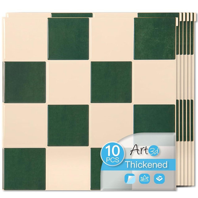 Art3d 10-Pack Heavy-Duty Peel and Stick Backsplash, 12x12 Inch Self-Adhesive Wall Tile Stick on Kitchen Countertop, Dark-Green & Warm White