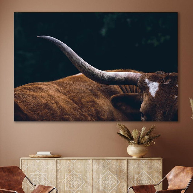 Texas Longhorn Cow Canvas Wall Art - Bull Print Home Decor - Barnhouse Wall Art - Farmhouse and Wild West Small to Extra Large Prints (Brown Longhorn, 35L" x 53W")