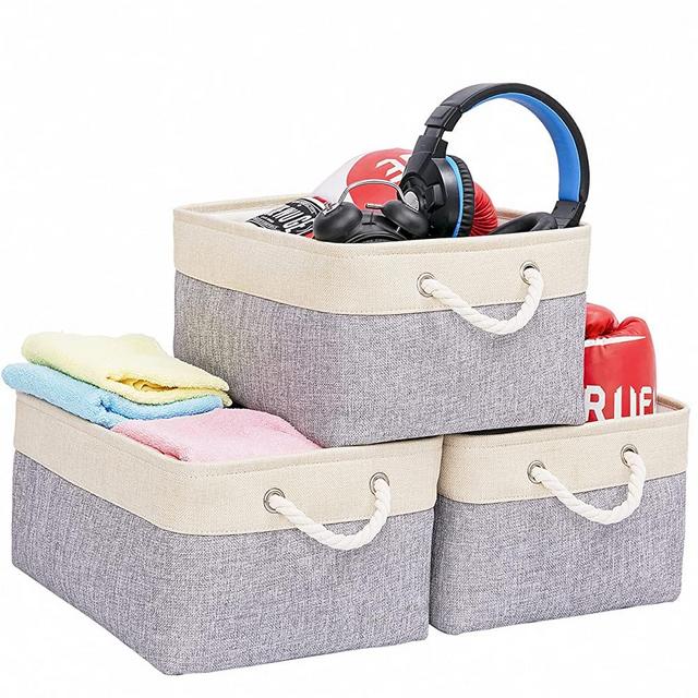 VNSARES Large storage baskets 15.8"x11.8"x8"，Baskets for Shelves, Fabric Foldable Closet Storage Basket with Sturdy Cotton Handles for Organizing Shelves Nursery Home Closets (Large-3PCS, Gray&Beige)