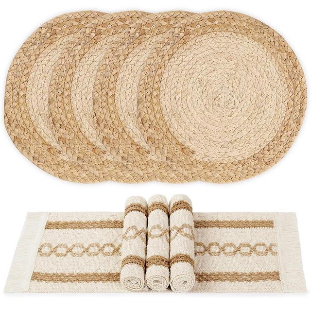 YANGQIHOME Boho Placemats Set of 4, Farmhouse Rustic Woven Placemats for Dining Table Decor, Handmade Braided Place Mats in Natural Cotton Jute and Water Straw for Kitchen Table