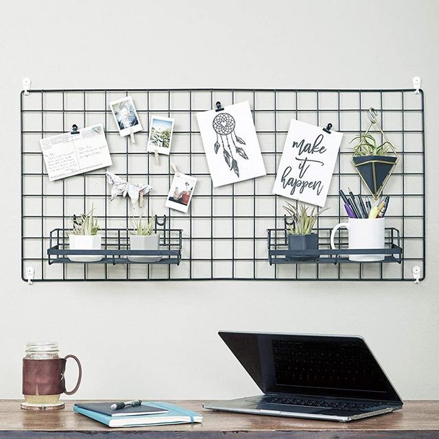 Wire Hanging Wall Grid - Black - Home Decor - Office Storage and Organizer - Polaroid Photogrid - Plant Hanging - Minimalistic Aesthetic - Desk Decorations - Hanging Hooks Included - Bonus Clips
