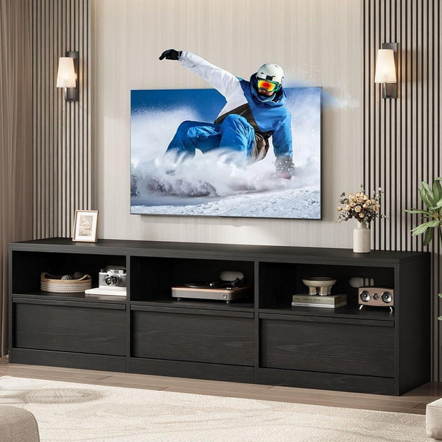 IDEALHOUSE 70 inch TV Stand for 80" TVs, Mid Century Modern Entertainment Center with Storage Drawer & Open Shelves, Wood Media Console Cabinet for Living Room/Bedroom, Black