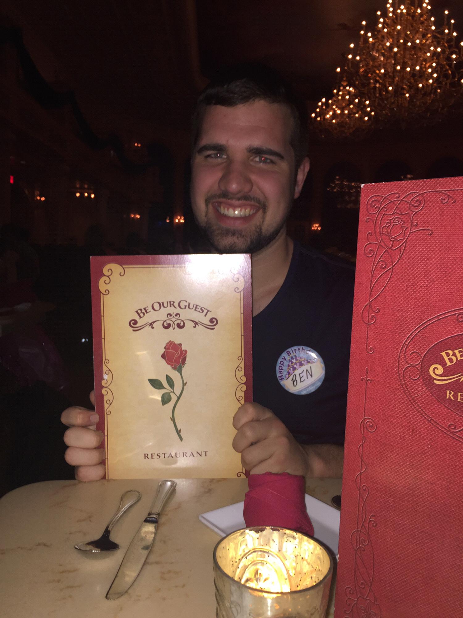 Disney 2015. Ben's favorite Disney movie is Beauty and the Beast so when he went to visit Dawn during her college program she surprised him with dinner reservations at Be Our Guest!