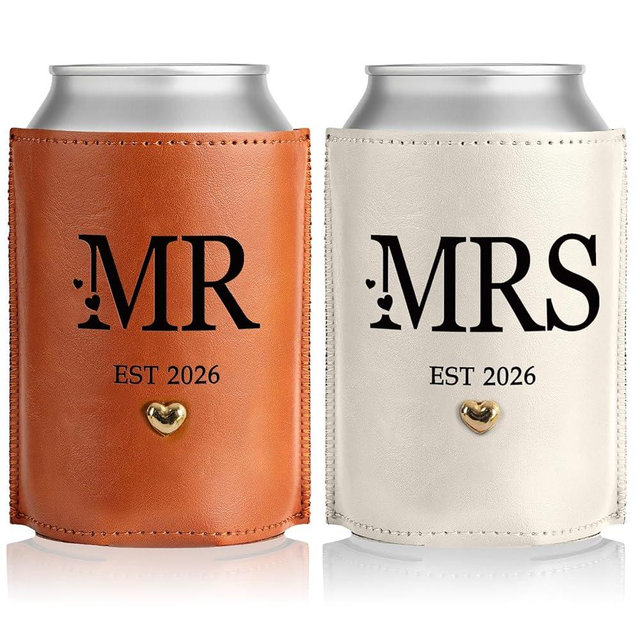 Mr & Mrs Leather Can Coolers Set of 2 - Wedding Gifts for Couples 2026, Engagement Gifts for Newly Engaged, Bridal Shower Favors for Bride to Be, Bachelorette Party, Newlywed Presents