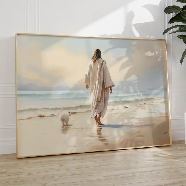 Jesus Walking on the Beach Picture Jesus and Lamb Canvas Wall Art Religious Christian Posters Jesus Sea Painting Bible Verse Watercolor Canvas Print Lds Poster Jesus Ocean Wall Art 16x24inch No Frame