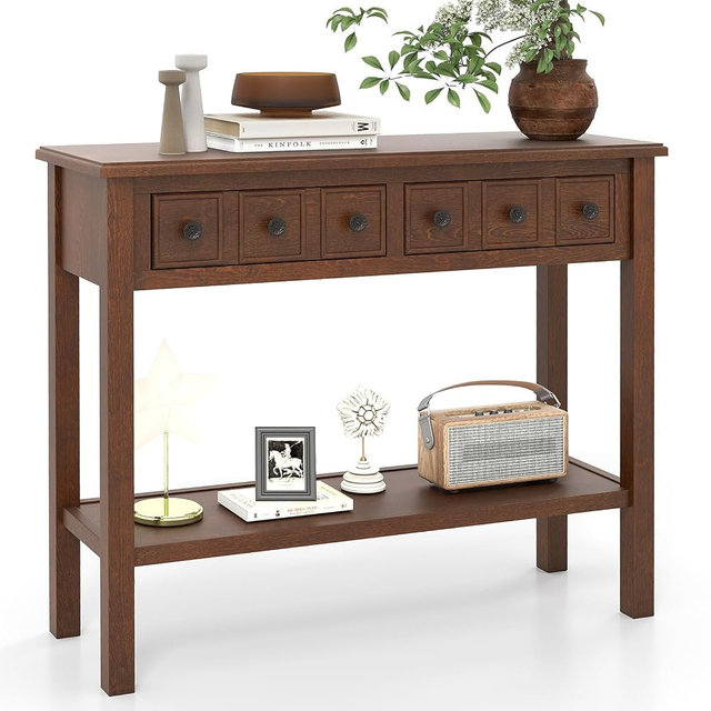 GOFLAME Narrow Console Table with 2 Drawers, 38” Rustic Sofa Table with Bottom Storage Shelf & Embossed Design, 2-Tier Vintage Entry Tables for Living Room, Entryway, Hallway, Walnut