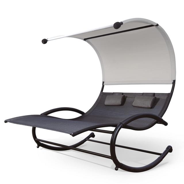 Mansion Home Double Chaise Lounge, Outdoor Bed Lounger with Sun Shade Wheels, Double Lounge Chair with Canopy Headrest Pillows for Patio, Yard, Lawn, Black