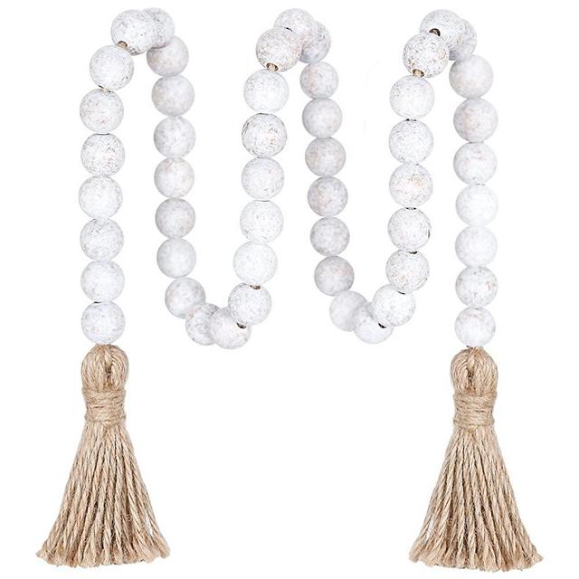 Meplait 39in Wood Bead Garland Farmhouse with Tassels,Versatile Prayer Beads Boho Chic Wall Hanging Home Decor(Wash White)