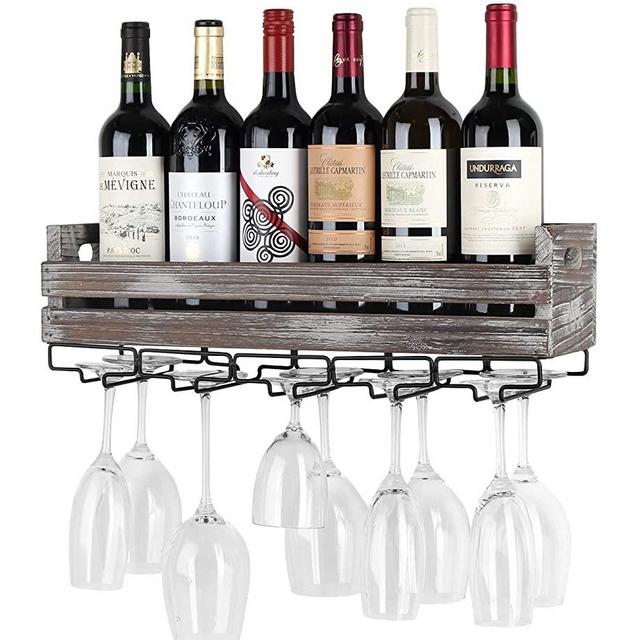 J JACKCUBE DESIGN Wall Mounted Rustic Wood Wine Storage Rack with Metal Glass Holder, Holds 6 Bottles, 5 Glasses, Decorative for Home Bar, Dining Room, Kitchen - MK566A