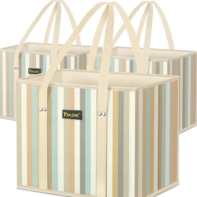 BALEINE 3Pk Reusable Grocery Bags, Foldable Shopping Bags for Groceries with Reinforced Bottom & Handles (Color Stripe)
