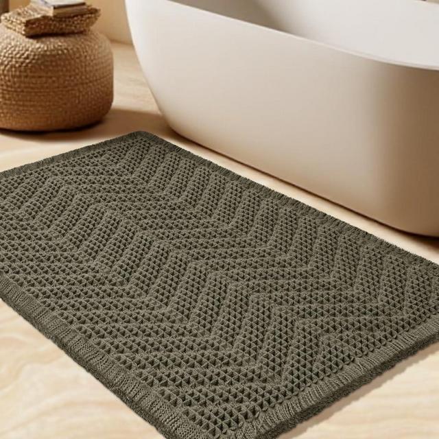 Waffle Bath Mat, Boho Woven Modern Bath Rug Absorbent Non Slip, Soft Bathroom Mats, Machine Washable Knit Bath Rugs with Herringbones for Bathroom, Bedroom, Kitchen, Shower, Tub, 32"x20", Olive Green