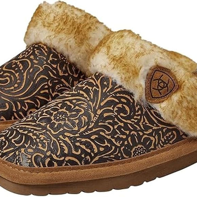 ARIAT Women's Jackie Square Toe Embossed Tooling Warm Soft Comfortable Genuine Full-grain Leather Slippers