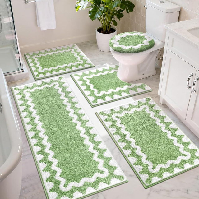 Findosom Bathroom Rugs Sets 5 Piece, Absorbent Soft Non-Slip Washable Microfiber Shaggy Bath Mat Set with Bathroom Runner Rug, U-Shaped Toilet Rugs, Shower Rug & Toilet Lid Cover, Green-White
