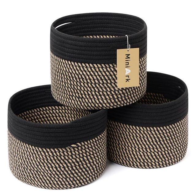 MiniArk Small Storage Basket for Organizing | Cube Shelf Closet Storage Baskets | 9.7×9.7×7.1” Cute Baby Basket for Nursery | Woven Rope Basket Bins | Gift Basket Easter | Round 3 Packs Black Brown