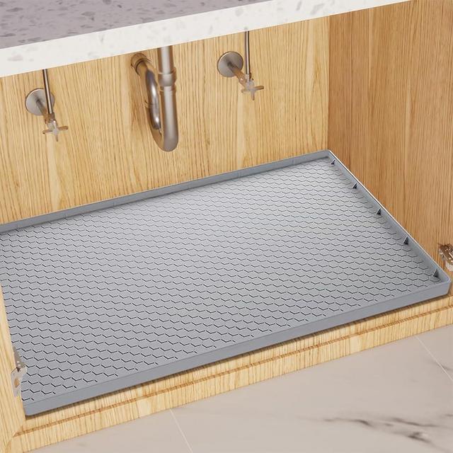 Under Sink Mats for Kitchen Under Sink Mat 28x22 Under the Sink Mat Small Bathroom Cabinet Liner Holds up to 2.2 Gallons (Light Grey)