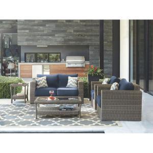 Naples Grey 4-Piece All-Weather Wicker Patio Deep Seating Set with Navy Cushions