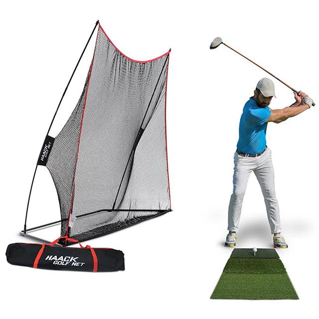Rukket 3pc Golf Net Bundle, 10x7ft Haack Golf Hitting Net, Tri Turf Mat & Carry Bag, Practice Driving Indoor and Outdoor, Golfing at Home Swing Training Aids by SEC Coach Chris Haack