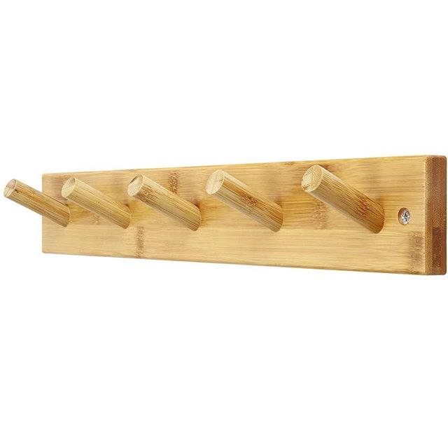 SKOLOO Wooden Wall Mounted Coat Rack:16-inches Hole to Hole, Bamboo Coat Hook Hanger - 5 Hooks for Hanging Clothes Robes Towels Coats,Natural