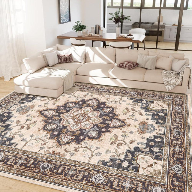 CAPALOCA Machine Washable 8x10 Area Rugs for Living Room Vintage Rugs Carpet Rugs Non Slip Low Pile Water Repellent Soft Print Pattern for Bedroom Indoor Decor Polyester Rug Coffeebeige