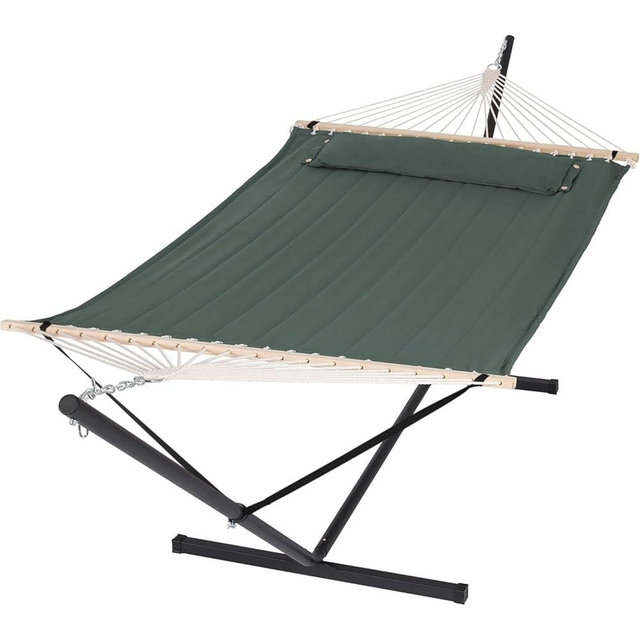 SUNCREAT Hammocks Extra Large Double Hammock with 12 ft Stand, 475lbs Capacity, Outdoor Portable Hammock with Hardwood Spreader Bar, Extra Large Pillow, Gray Green