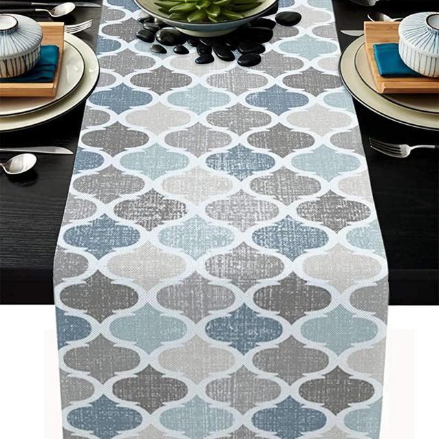 Moroccan Table Runner-Cotton linen-Long 90 inche Geometric Quatrefoil Lattice Dresser Scarves,Kitchen Coffee/Dining Farmhouse Tablerunner for Home Living Room,Holiday Dinner Scarf Décor,Blue Grey