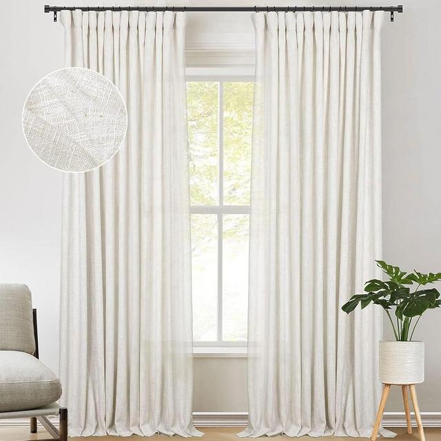 zeerobee Beige White Linen Curtains for Living Room/Bedroom Linen Curtains 84 Inch Length 2 Panels Set Farmhouse Neutral Pinch Pleated Curtains Light Filtering Privacy Curtains, W50 x L84