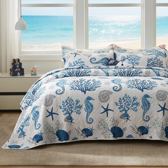 LEAONME Coastal Quilt Set California King Size - Lightweight Microfiber Reversible Bedspread, 106''x118'', Sea Blue, Includes 2 Shams